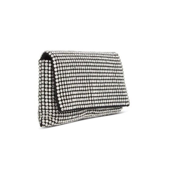 INC Prudence diamond crystal mesh women's clutch purse pouch -Black/Silver - Picture 5 of 12